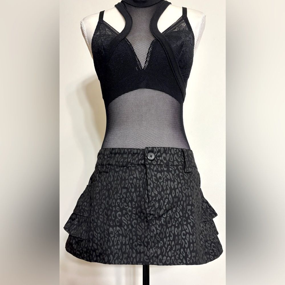 Vintage Y2K Super Low Fat Black Leopard Print Ruffle Skirt Sz L